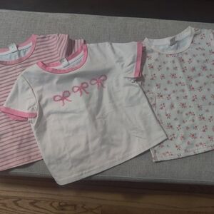 SHEIN White Tee with Pink Trim and Bow Details